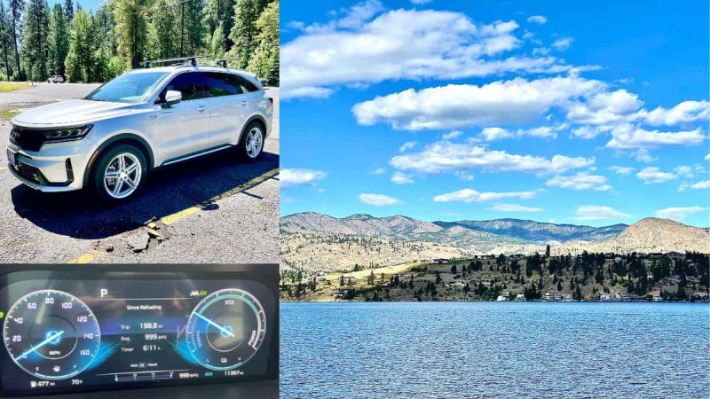 Silver Kia Sorento and dashboard display and Lake Chelan