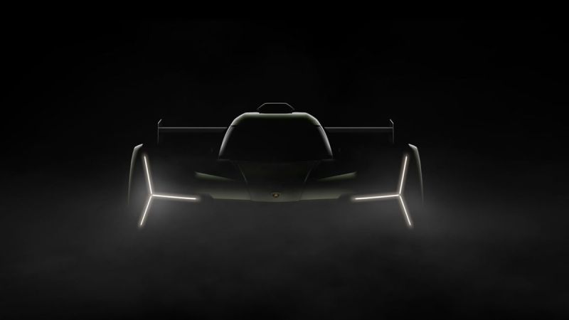 Teaser image of Lamborghini's 2024 Le Mans Hypercar entrant showing its headlight shape and large rear wing.