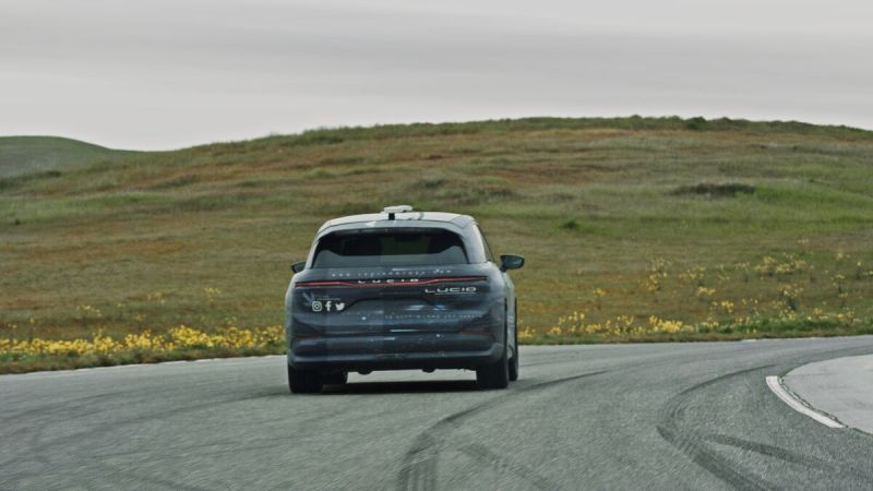 Rear view of the 2024 Lucid Gravity SUV as it undergoes public road testing as part of the next stage of its development.