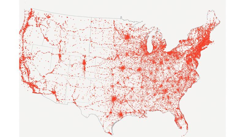 Map showing location of EV fast chargers in continental U.S.