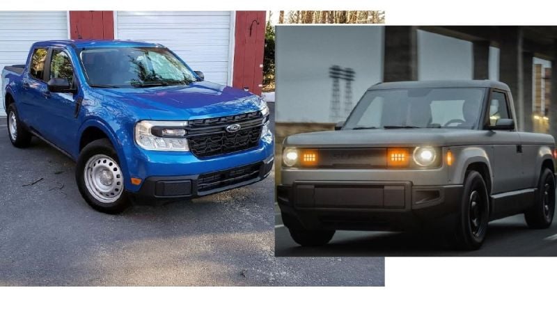 Image compares the Ford Maverick Hybrid-Electric pickup truck to Slate's future EV pickup