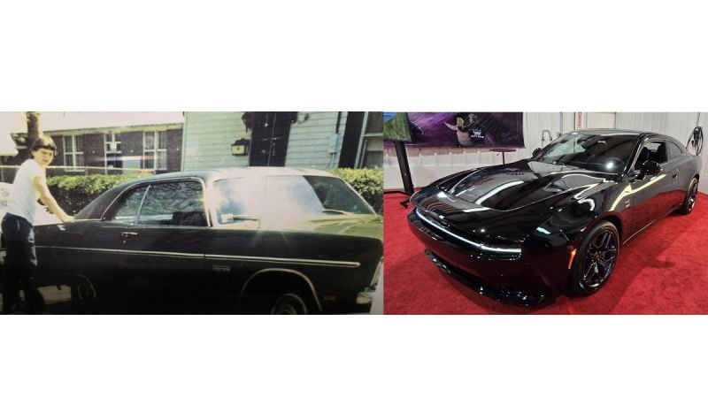 Image shows a 1969 Plymouth Fury and 2025 Dodge Charger side by side - taken by John Goreham