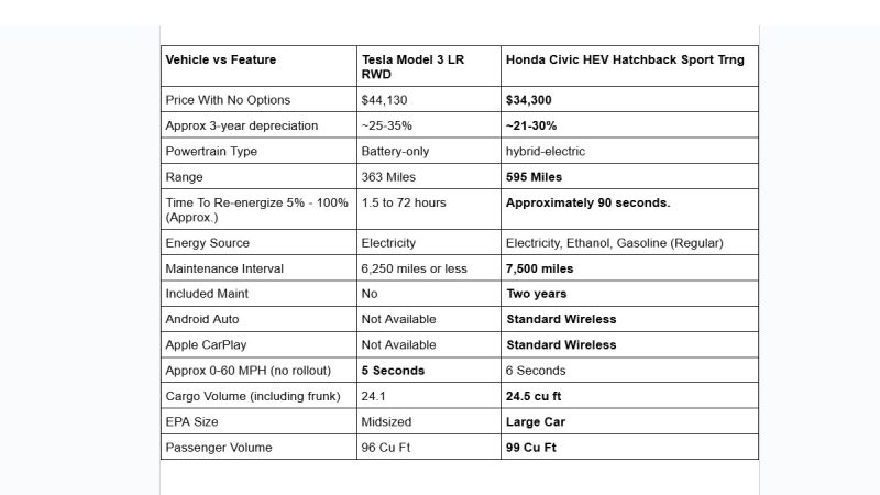Chart comparing Tesla Model 3 to Honda Civic by John Goreham
