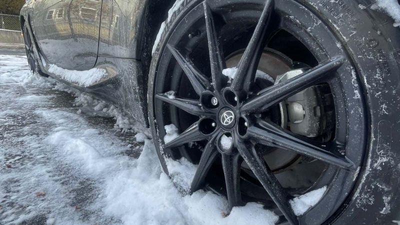 Michelin Pilot Sport All-Season 4 Tires shown in a wintery scene on a Toyota GR86
