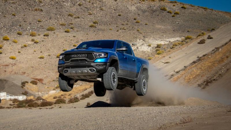 Blue 2021 Ram 1500 TRX Jumping