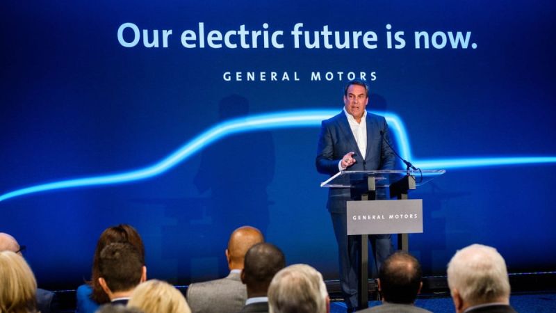 Archival image of GM's Mark Reuss speaking about GM's all-electric future courtesy of General Motors Media Page