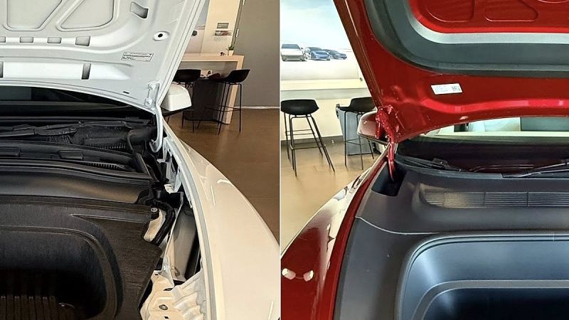 Two Tesla Model Y frunks are shown side by side with the de-contented base model appearing unfinished