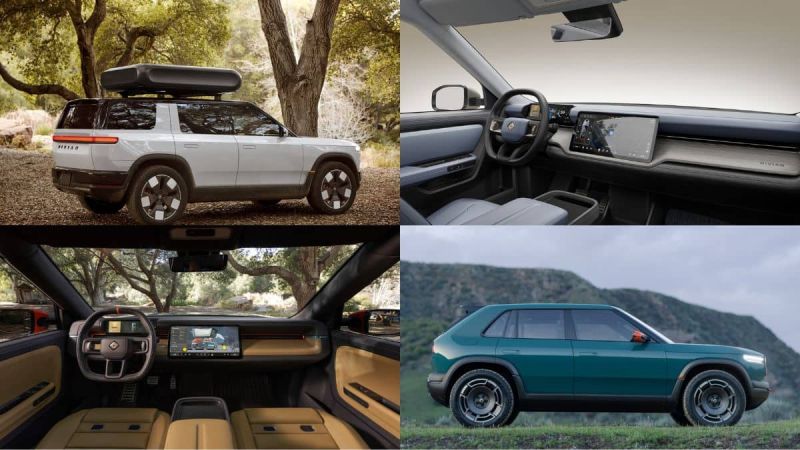 White Rivian R2 exterior and interior and blue Rivian R3x exterior and interior