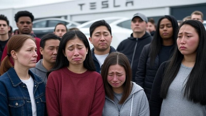 Image generated by Grok shows sad protesters outside a Tesla dealership
