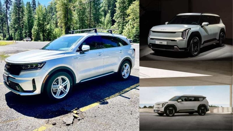 Silver Kia Sorento PHEV and white Kia EV9