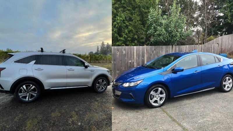 Silver Kia Sorento PHEV and blue Chevy Volt PHEV