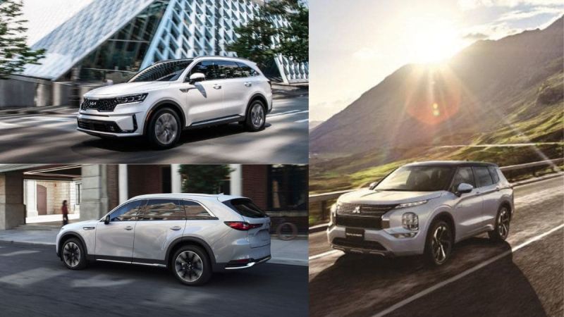 Kia Sorento PHEV, Mitsubishi Outlander PHEV, and Mazda CX-90 PHEV