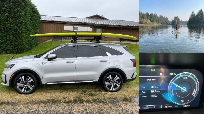 Silver 2022 Kia Sorento PHEV with lake and fuel economy figures