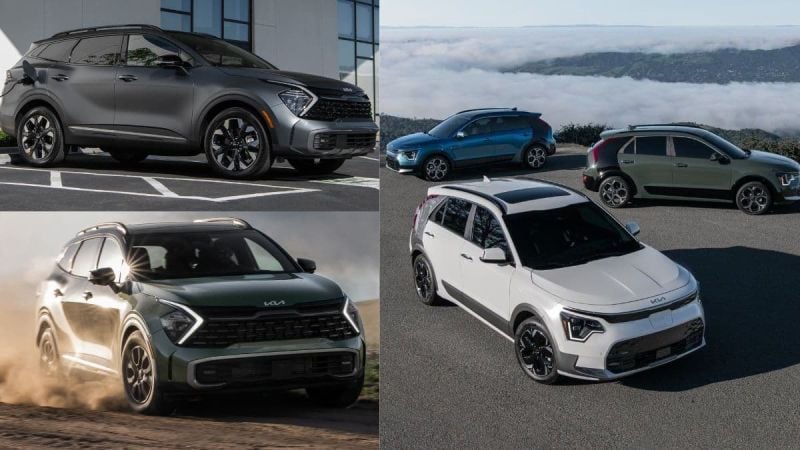 Kia Sportage PHEV and HEV next to Kia Niro HEV, PHEV and EV models