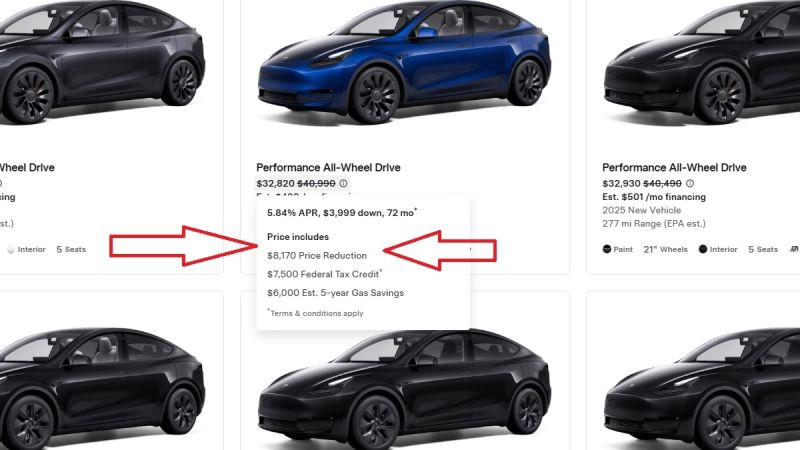 Image shows Tesla inventory page with steep discounts on new 2025 Tesla Model Y
