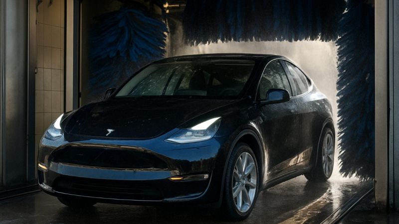 A Tesla Model Y exits a car wash tunnel looking sparkly clean