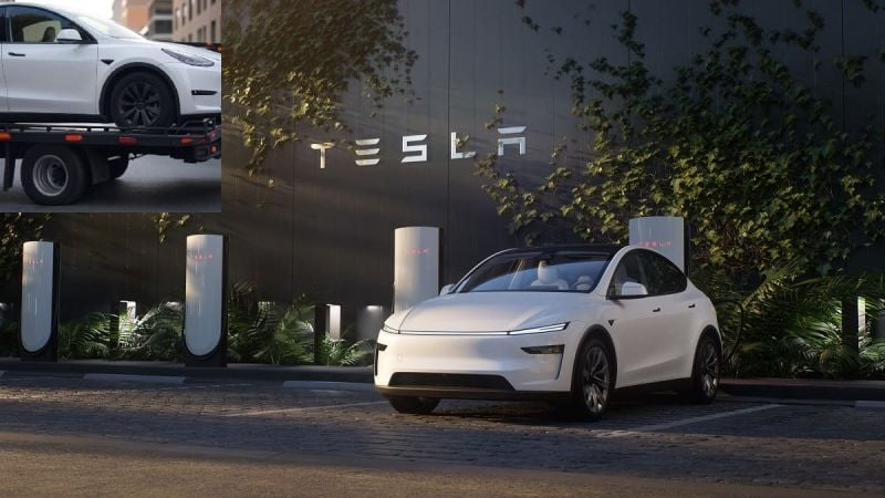 Image of Tesla Model Y with Grok image inserted showing a Model Y being towed away