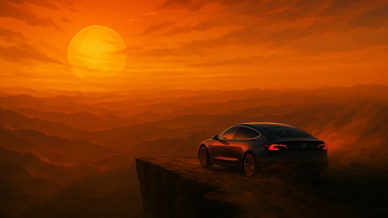 AI generated image depicts a Tesla driving off a cliff at sunset 