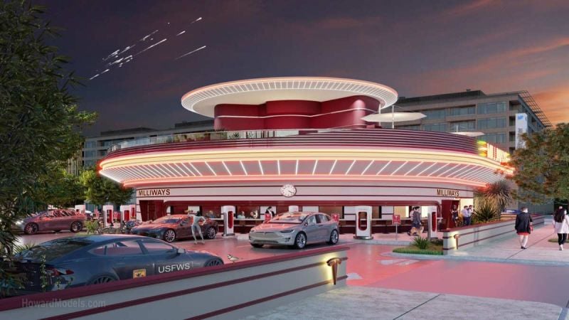 Tesla's Futuristic Diner With Charging: And Humanoid Robots