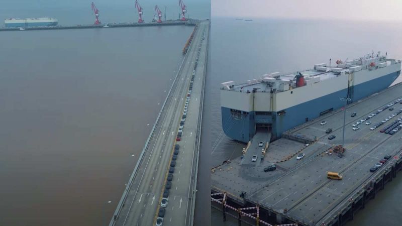 Tesla Vehicles Look So Tiny Compared To Huge Transport Ship As Long Line of Tesla Vehicles Prepare to Be Exported From Giga Shanghai: