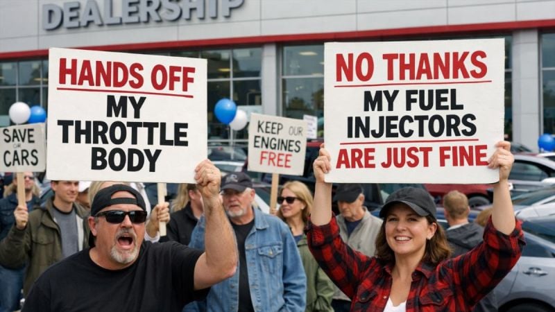 A generatied image shows protestors holding up signs in front a dealership 