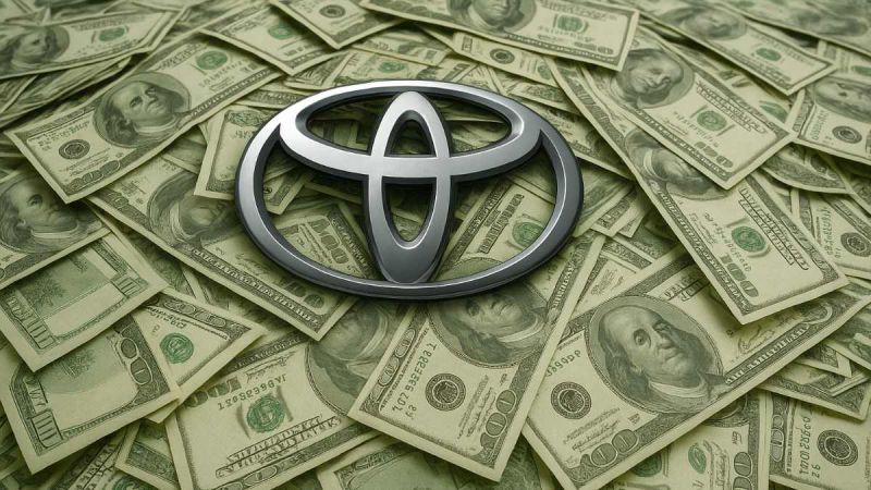 An AI generated image showing Toyota's logo on a pile of U.S. dollars