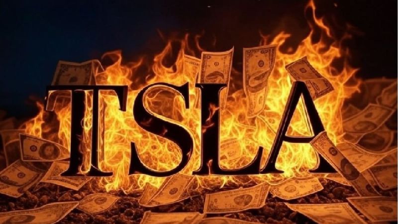 Image of the letters TSLA with dollars on fire