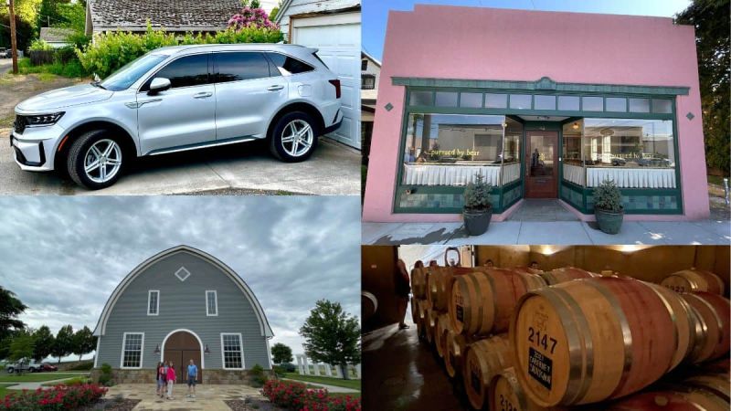 Silver Kia Sorento PHEV and photos of wineries in Walla Walla, WA