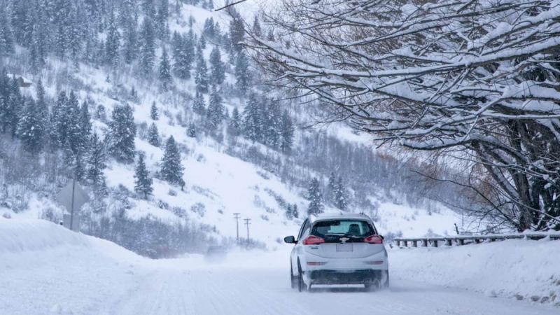 Chevy Bolt EV on winter road, Bolt EV Winder driving