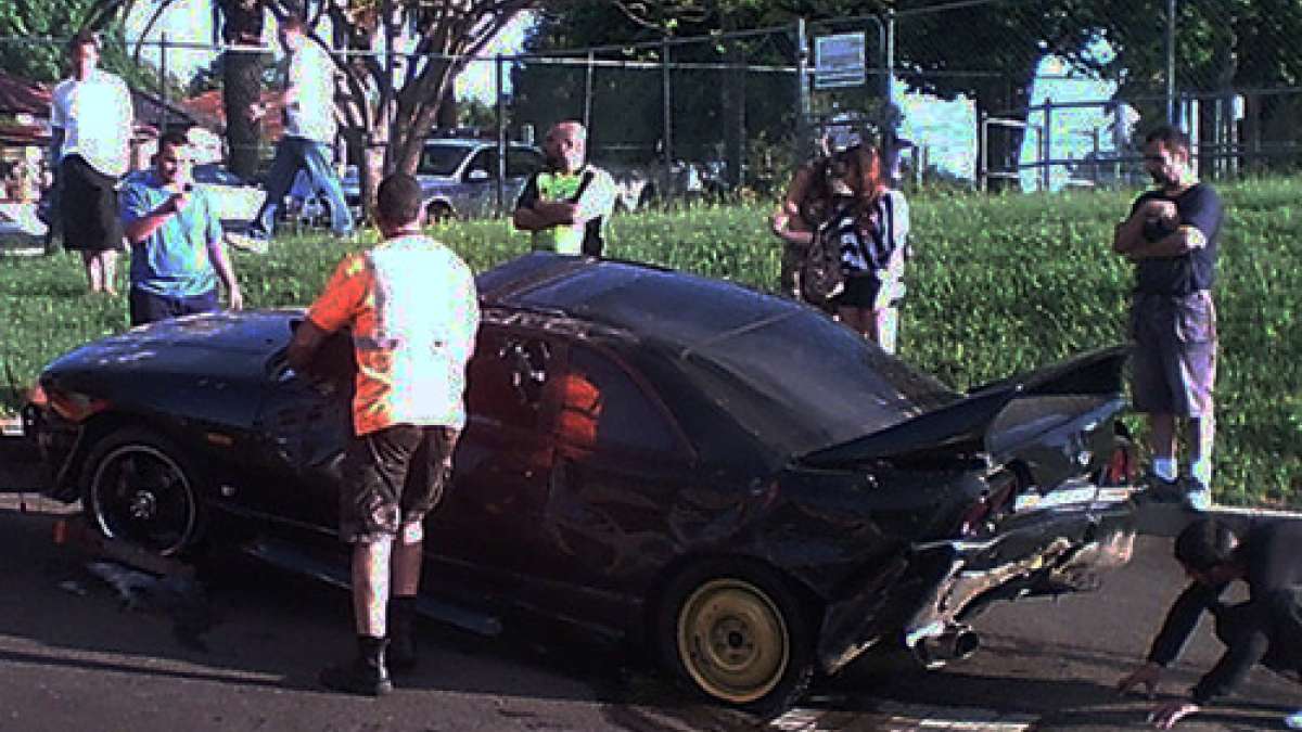 Four young people put this Nissan Skyline in the drink. photo by Highway Patrol