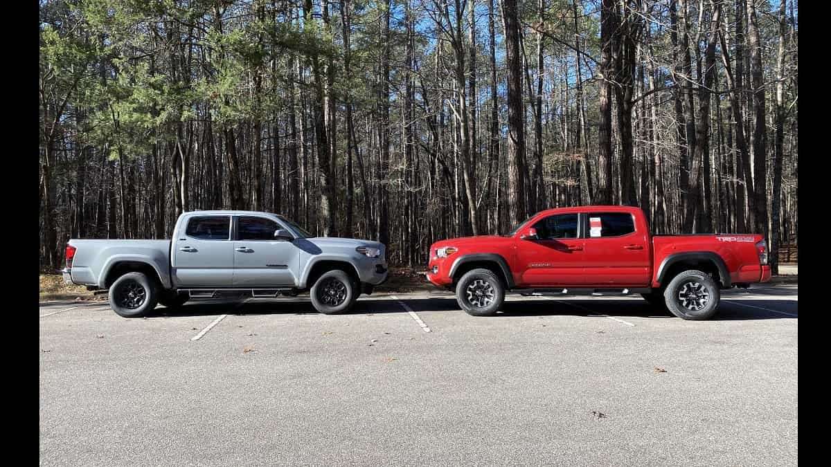 2021 Toyota Tacoma SR5 Cement vs 2021 Tacoma TRD Off-Road Barcelona Red