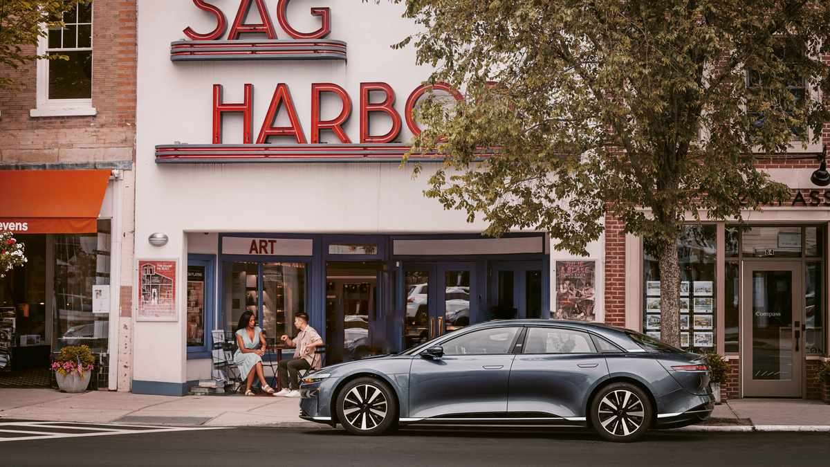 Lucid Air in front of a building in California