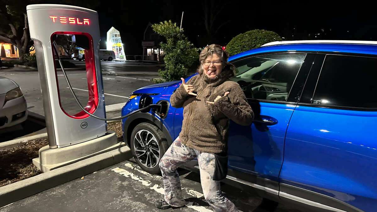Image of Chevy Bolt charging at a Tesla Supercharger