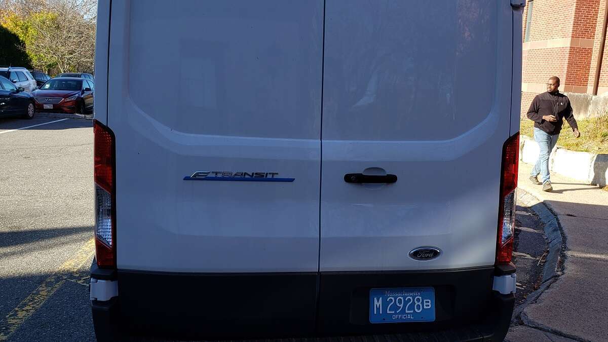 Ford E-Transit all-electric delivery van in use in Acton Massachusetts