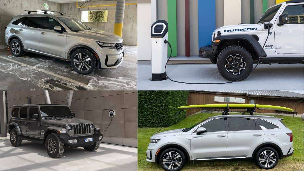 Silver and white Jeep Wrangler 4xe and Kia Sorento PHEVs