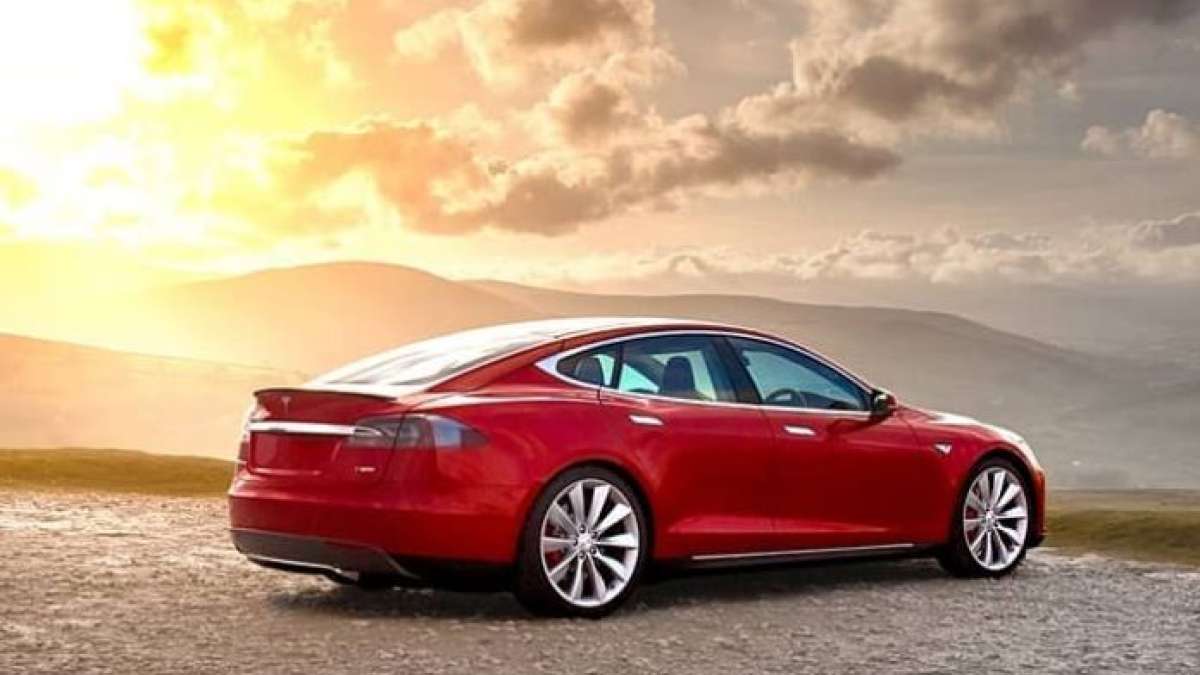 Red Tesla Model S with Chill and Easy Entry modes