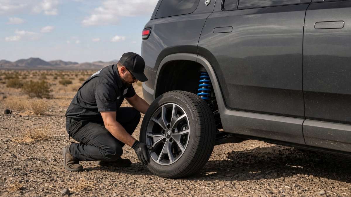 Rivian Owner Had a Tire Blowout in The Middle of The Desert, But She Had To Walk The Tow Driver Through How To Raise The Car and Put It in Tire Change Mode