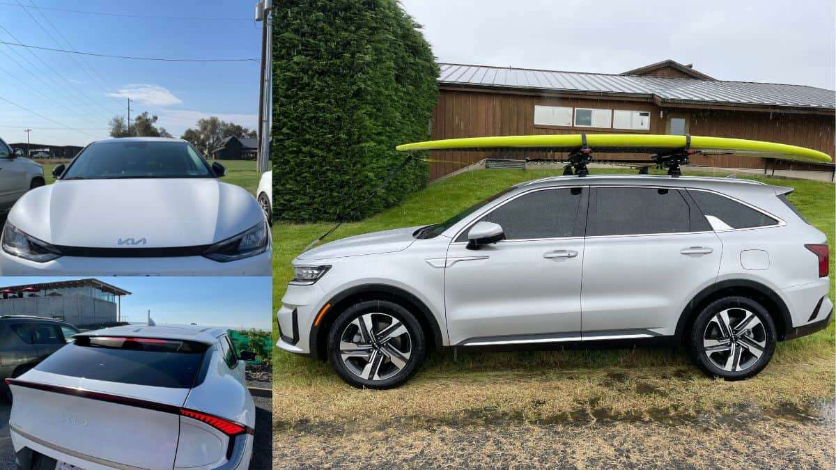 Kia EV6 front and rear views, Kia Sorento PHEV side view