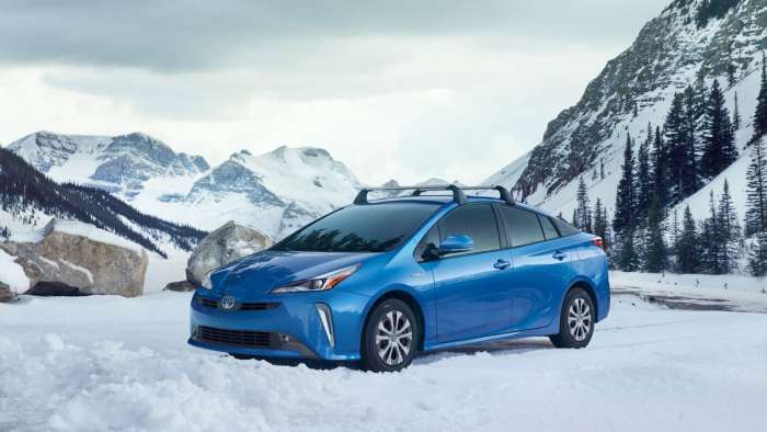 2019 Toyota Prius with AWD-e option in snow and blue color