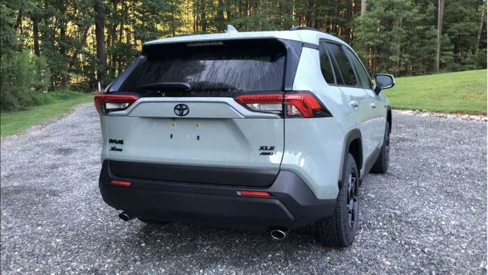 2019 Toyota RAV4 XLE AWD Lunar Rock with trail package rear end view