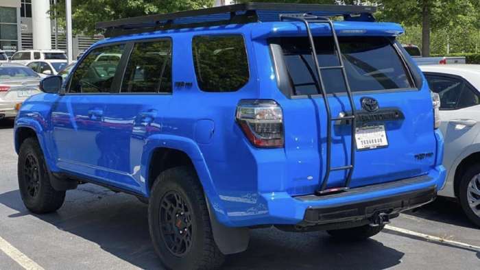 2019 Toyota 4Runner TRD Pro Voodoo Blue back end profile view
