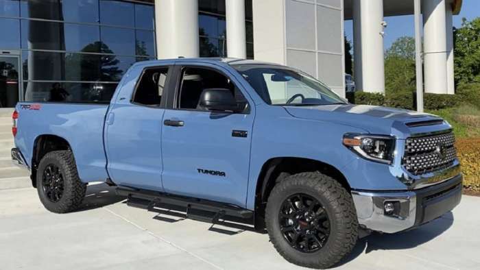 2020 Toyota Tundra Double Cab Cavalry Blue profile view and front end