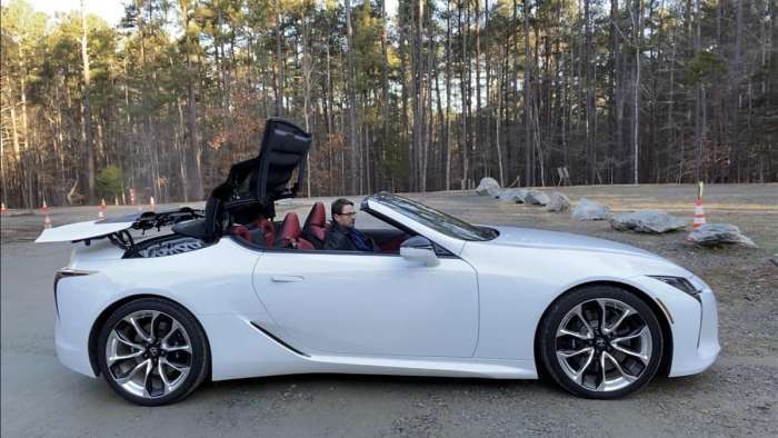 2021 Lexus LC 500 Convertible Ultra White profile view black soft top opening
