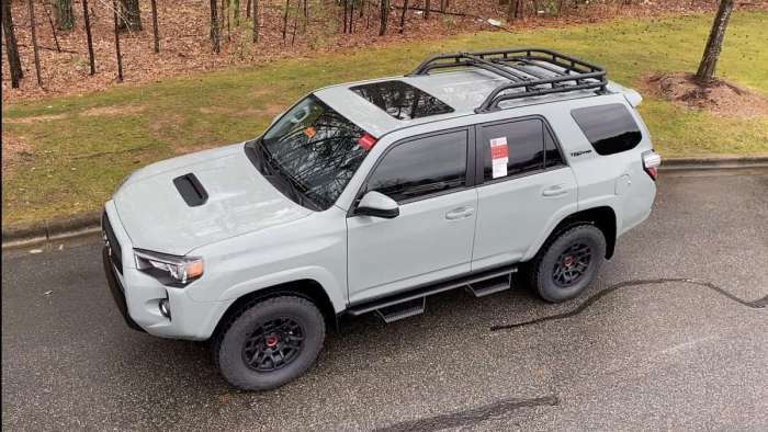 2021 Toyota 4Runner TRD Pro Lunar Rock overhead profile view front end