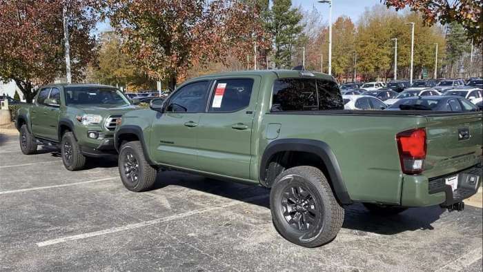 2021 Toyota Tacoma Trail Edition Army Green back end profile view