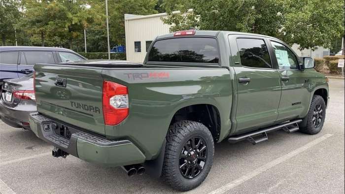 2021 Toyota Tundra SR5 CrewMax TRD Off-Road Army Green Back end and profile view