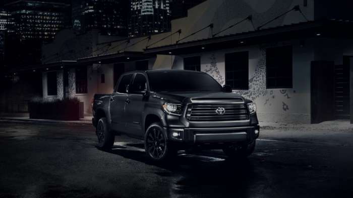 2021 Toyota Tundra Nightshade profile view and front end magnetic gray