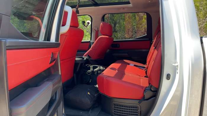 2022 Toyota Tundra TRD Pro interior cockpit red CrewMax back seats