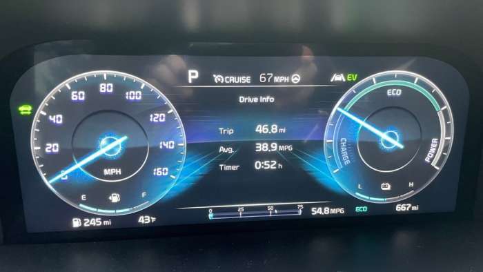 Kia Sorento PHEV driver’s display showing 38.9 mpg