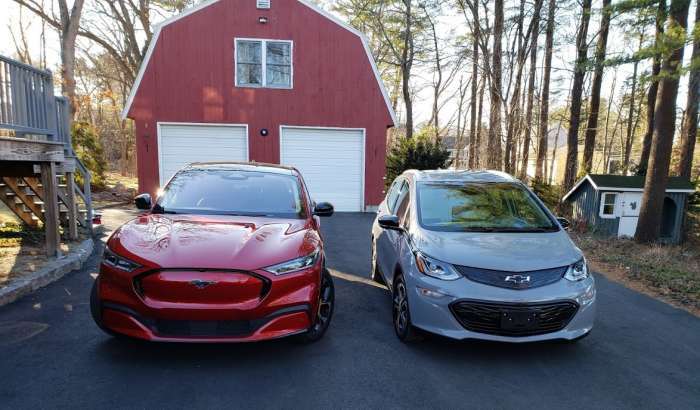 Chevy Bolt side by side with Ford Mustang Mach-E by John Goreham